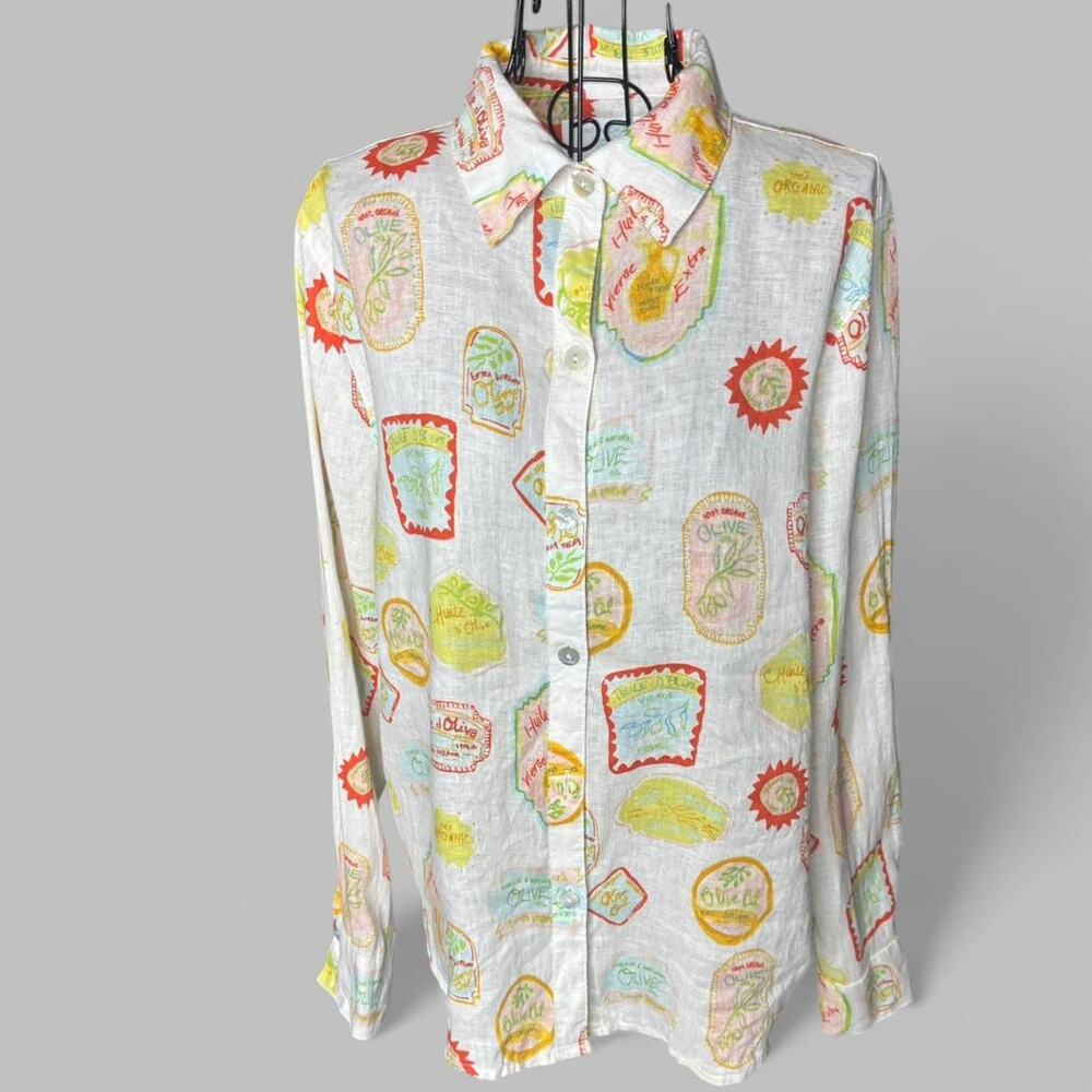 Cynthia Rowley Women’s Large 100% Linen Button Up Mediterranean Olive Oil Print